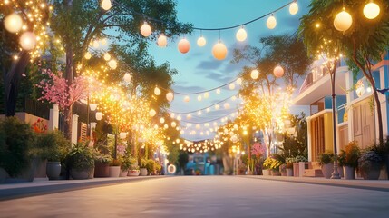 Street filled with colorful festival lights and decorations, vibrant and festive atmosphere