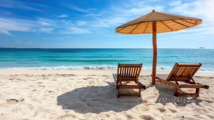 Poster - Two wooden lounge chairs and parasol umbrellas rest on a quiet sunny beach with clear blue water and a vibrant sky above. Generative AI