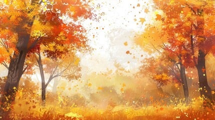 Poster - Stroll through a serene autumn forest filled with trees showcasing bright orange and yellow leaves under a gentle mist. Generative AI