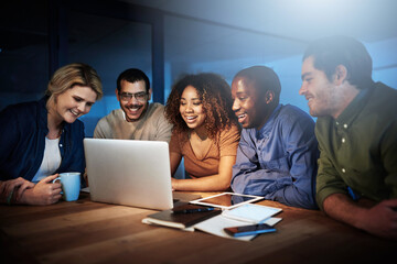 Poster - Office, smile and business people with meeting by laptop for server, testing and launch solution. Programming, team and IT developer with tech at night for backend development, planning and debugging