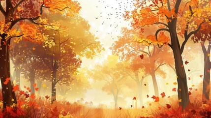 Aufkleber - Colorful trees line the path in a serene forest, as bright autumn leaves fall softly to the ground in golden daylight. Generative AI