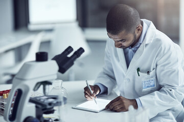 Poster - Man, science and tablet for writing at lab, inspection and pharmaceutical trial for vaccine development. Person, thinking and touchscreen on app for review, research or medical feedback at night