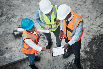 Aufkleber - Construction, planning and people with documents meeting for inspection, building and maintenance. Engineering, architecture and workers with paperwork for project, infrastructure and collaboration