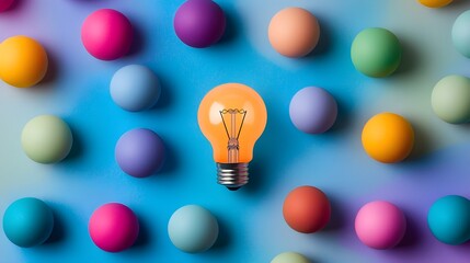 Poster - Light Bulb Idea Concept with Colorful Spheres on Blue Background