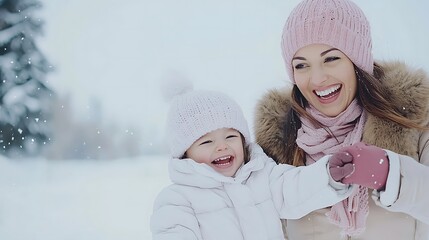 Mother holding her child's hand while they skate on ice together, smiling, isolated on a soft winter background