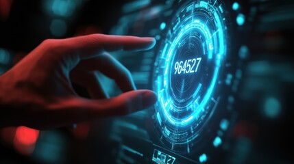 Poster - Digital Interface with Glowing Blue Circle and Hand