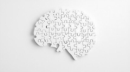 White puzzle pieces arranged to form the shape of a brain, isolated on a clean, simple background