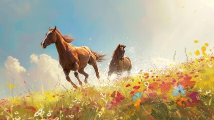 Wall Mural - two brown horses running through a field of colorful flowers