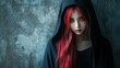 © anis rohayati - Asian woman character long red hair wearing a hood in a modern mysterious style background wallpaper AI generated image