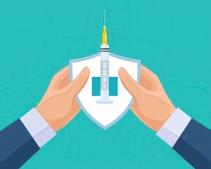 A visual representation of healthcare protection featuring hands holding a shield with a vaccine syringe, symbolizing safety and trust in immunization efforts.