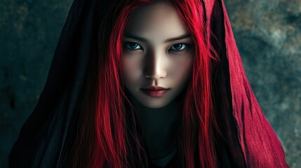 Wall Mural - Asian woman character long red hair wearing a hood in a modern mysterious style background wallpaper AI generated image