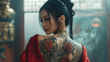 Wall Mural - Asian beautiful model young woman tattoos art on her back background wallpaper AI generated image