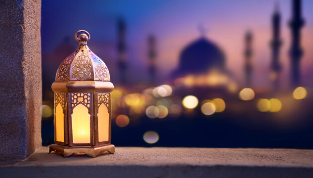 Ramadan with purple background lantern design Generative ai