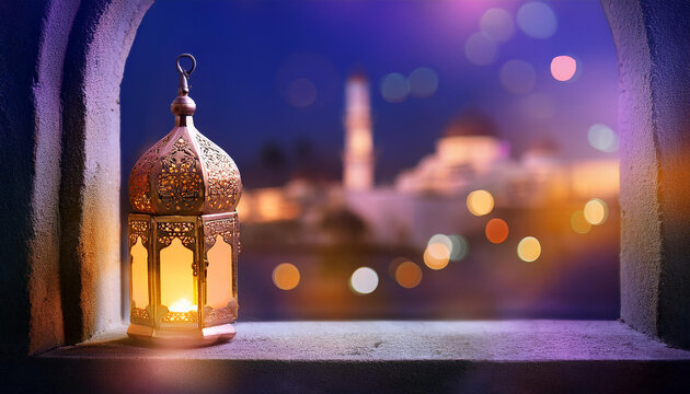 Ramadan with purple background lantern design Generative ai