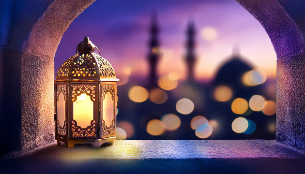 Ramadan with purple background lantern design Generative ai