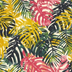 Poster - A vibrant pattern showcasing a variety of tropical leaves in shades of pink, yellow, and green against a light cream backdrop. Generative AI