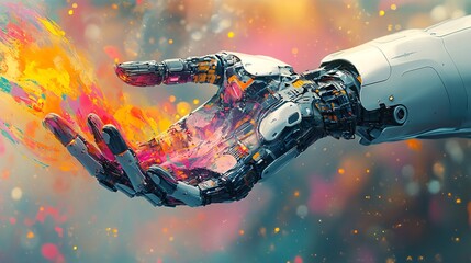 Poster - an ai artist creating a masterpiece, its robotic hands moving with precision, the artwork a fusion o