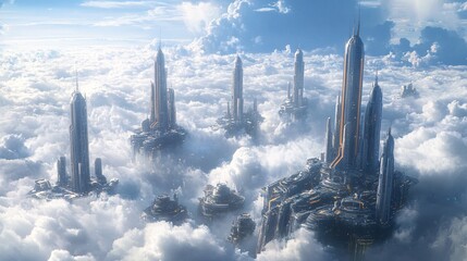 Poster - A futuristic AI city floating above the clouds, advanced transportation systems, clean energy sources, a utopian vision of the future