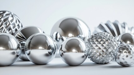 Minimalist metallic ornaments in monochromatic tones, displayed on a clean white background, highly detailed surfaces with a smooth finish, sharp focus