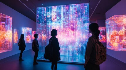 Poster - an ai-created art museum, displaying holographic artworks that change shape and color, visitors in a