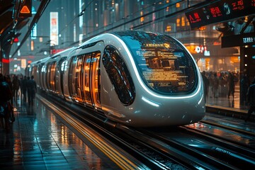 Poster - A futuristic AI-powered transport hub, advanced trains and buses, holographic schedules, a bustling urban environment