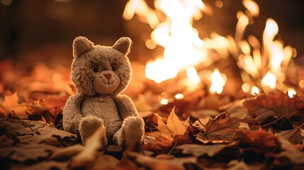 A soft cat plush on bed of fallen autumn leaves on bonfire background