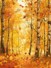 Aufkleber - A tranquil forest path is engulfed in vibrant autumn colors, with trees shedding bright leaves in a peaceful natural setting. Generative AI
