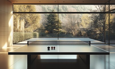 Aufkleber - A ping pong table with three balls on the table. There is a large window behind the table that overlooks a green forest and mountains.