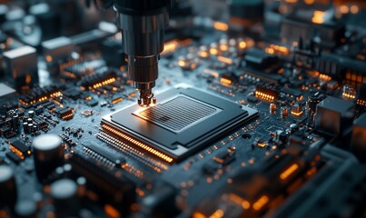 Aufkleber - A robotic arm carefully places a CPU chip onto a circuit board, with glowing lights highlighting the process.