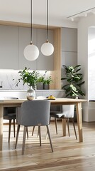 Interior of modern kitchen with gray walls