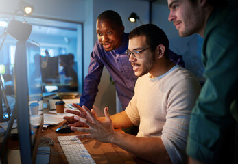 Poster - Office, team and business people with discussion by monitor for server, launch and deployment. Programming, support and IT developer with tech at night for backend development, debugging and testing
