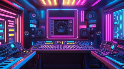 Poster - High-tech recording studio glowing with vibrant colors, featuring soundproof panels, audio mixers, and a central microphone setup.