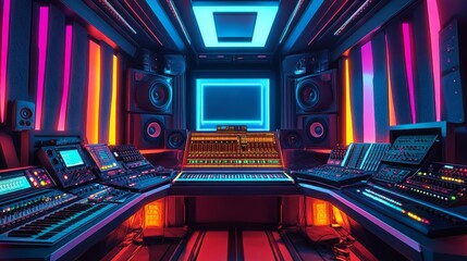 Poster - High-tech recording studio glowing with vibrant colors, featuring soundproof panels, audio mixers, and a central microphone setup.