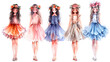 © Akash Tholiya - Watercolour style cartoon illustration of cute girls wearing fluffy tutu skirt summer and spring fashion with flower crown outfit, collection set