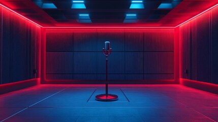 Leinwandbilder - Minimalist studio with red and blue lighting illuminating the soundproof walls, central microphone, and mixing equipment.