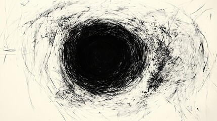 Wall Mural - Hand-drawn abstract illustration of a mysterious open black hole portal in the center, created with simple lines and rough strokes in an ink art style on a white background. This hyper-detailed, high-