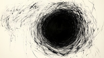Wall Mural - Hand-drawn abstract illustration of a mysterious open black hole portal in the center, created with simple lines and rough strokes in an ink art style on a white background. This hyper-detailed, high-