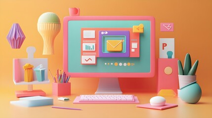 Poster - Colorful 3D Desktop with Computer  Keyboard  and Office Supplies