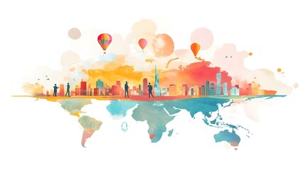 Poster - Global Cityscape with Watercolor World Map and Hot Air Balloons