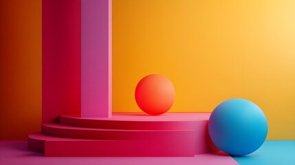 Poster - Abstract Geometric Shapes with Orange  Pink and Blue Colors
