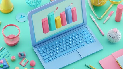Poster - Blue Laptop with Growth Chart on Green Background