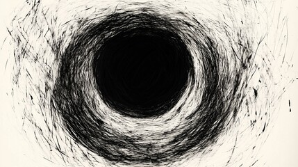 Hand-drawn abstract illustration of a mysterious open black hole portal in the center, created with simple lines and rough strokes in an ink art style on a white background. This hyper-detailed, high-