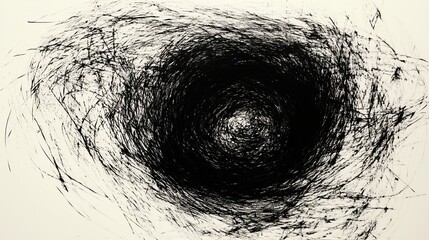 Wall Mural - Hand-drawn abstract illustration of a mysterious open black hole portal in the center, created with simple lines and rough strokes in an ink art style on a white background. This hyper-detailed, high-