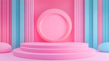 Poster - Minimal Pink and Blue 3D Abstract Background with Podium for Product Display
