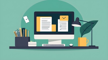 Poster - Modern Desk Workspace with Computer  Documents  and Desk Lamp