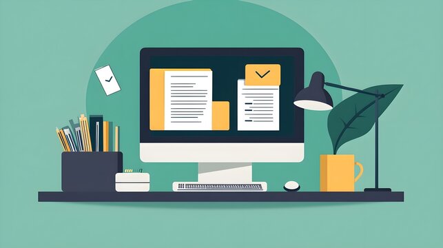 Modern Desk Workspace with Computer  Documents  and Desk Lamp