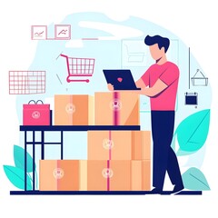 Aufkleber - online business owner working on laptop with orders and packages