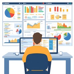 Poster - Business Analyst Analyzing Data on Multiple Screens