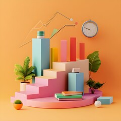 Poster - Abstract Colorful 3D Stairs with Graph  Clock  and Plants