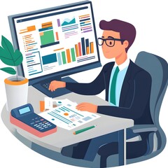 Poster - Businessman Analyzing Data and Charts on Computer Screen